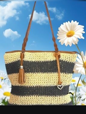 BRIGHTON Raffia Crochet Straw Striped Tote Shoulder Leather Trim Bag Cream Navy